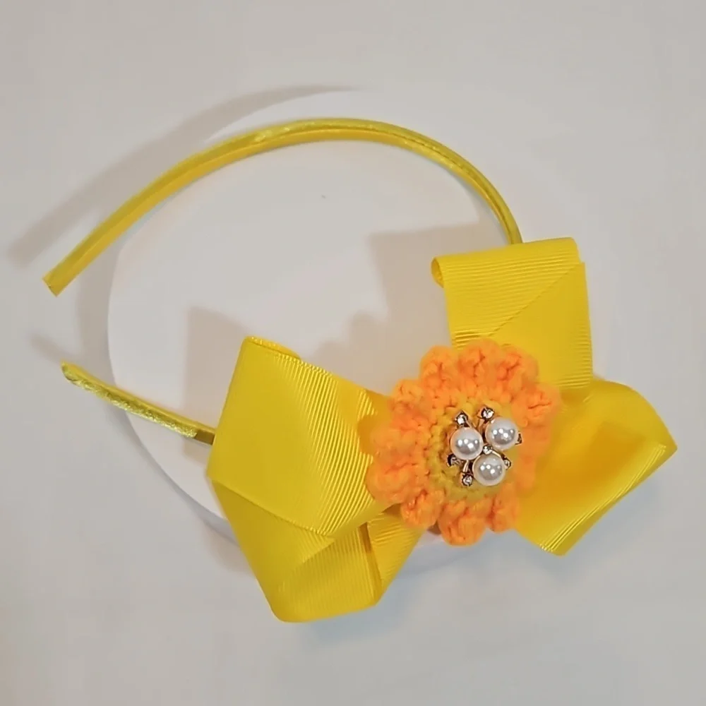 Hand Crafted yellow bow hairband hand crochet flower faux pearls beads floral